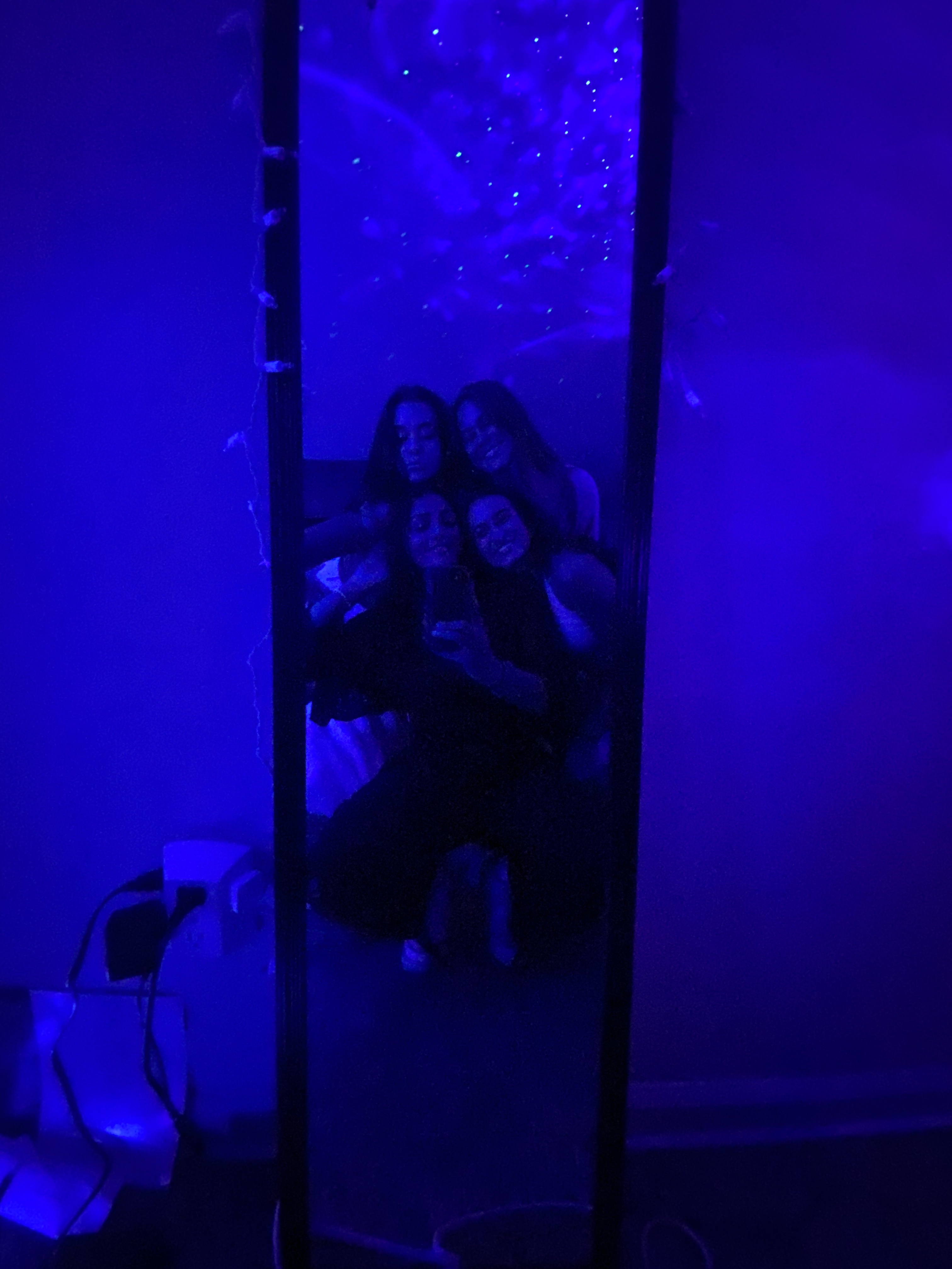 Mirror photo of Nicole with roommates in apartment